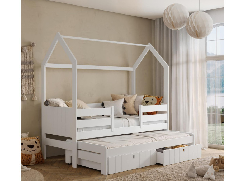 Detská domčeková posteľ z masívu borovice NOLAN so šuplíkmi a prístelkou - 200x90 cm - biela