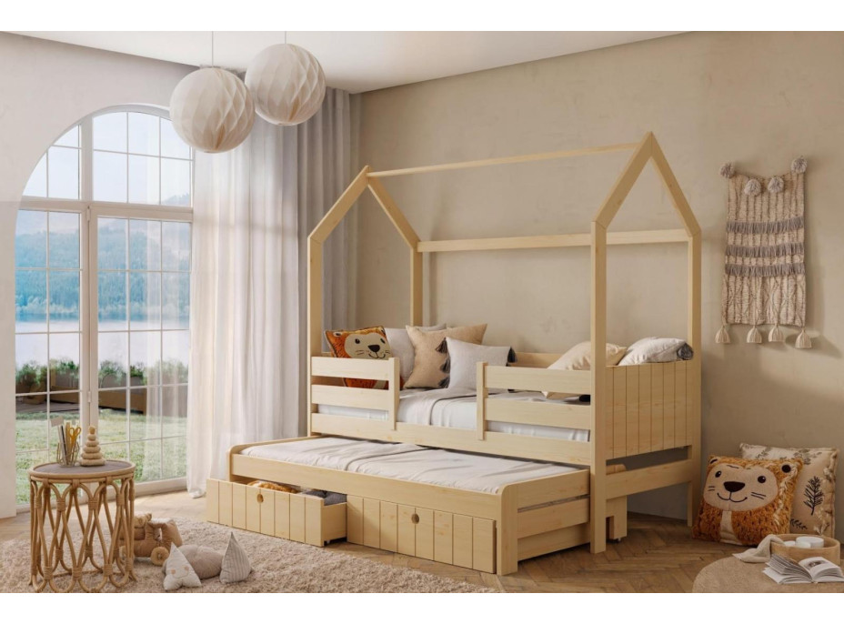 Detská domčeková posteľ z masívu borovice NOLAN so šuplíkmi a prístelkou - 180x80 cm - prírodná borovica