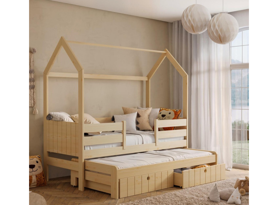 Detská domčeková posteľ z masívu borovice NOLAN so šuplíkmi a prístelkou - 180x80 cm - prírodná borovica