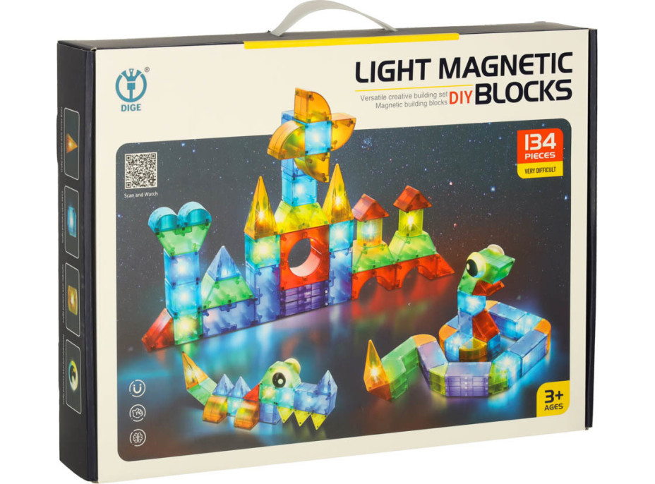 Svietiaca LED magnetická 3D stavebnica - 134 prvkov