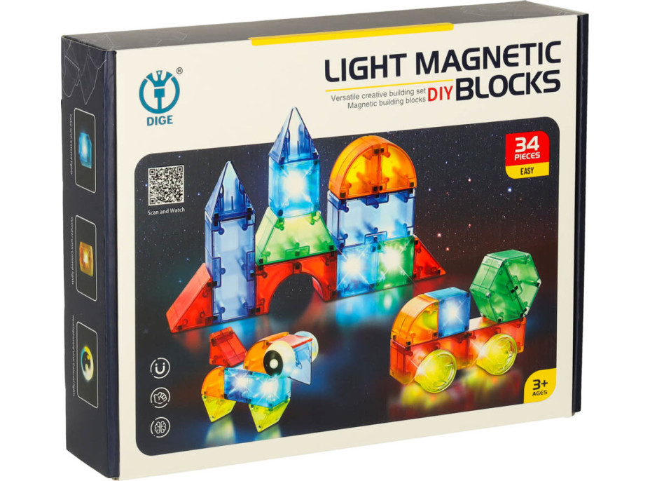 Svietiaca LED magnetická 3D stavebnica - 32 prvkov