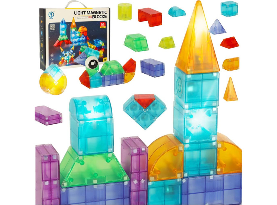 Svietiaca LED magnetická 3D stavebnica - 64 prvkov