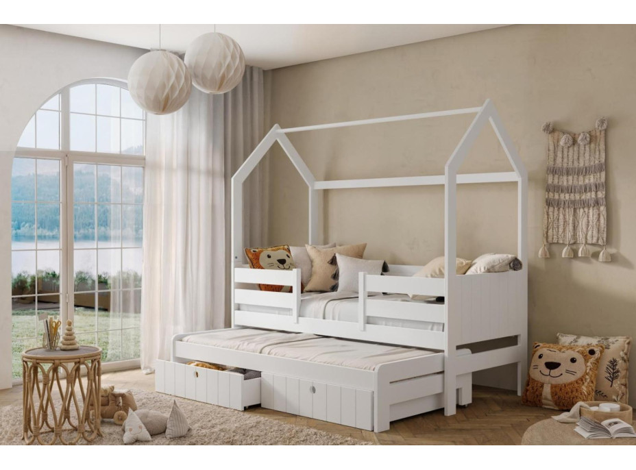 Detská domčeková posteľ z masívu borovice NOLAN II so šuplíkmi a prístelkou - 180x80 cm - biela