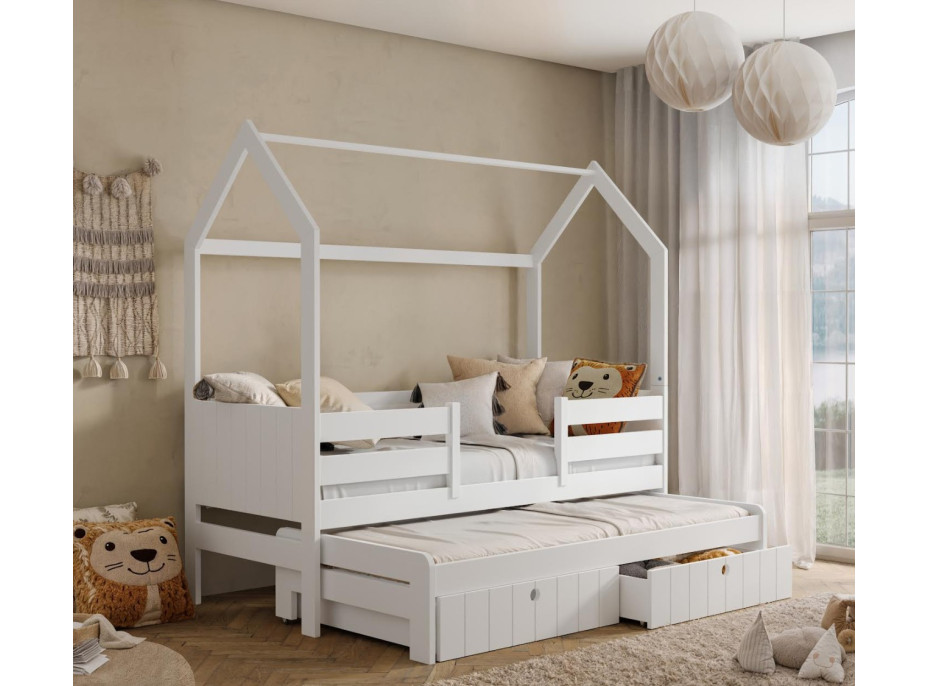 Detská domčeková posteľ z masívu borovice NOLAN II so šuplíkmi a prístelkou - 180x80 cm - biela