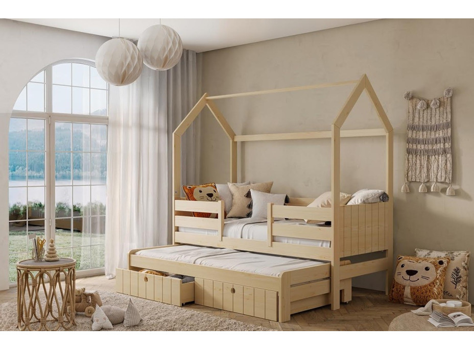 Detská domčeková posteľ z masívu borovice NOLAN II so šuplíkmi a prístelkou - 180x80 cm - prírodná borovica