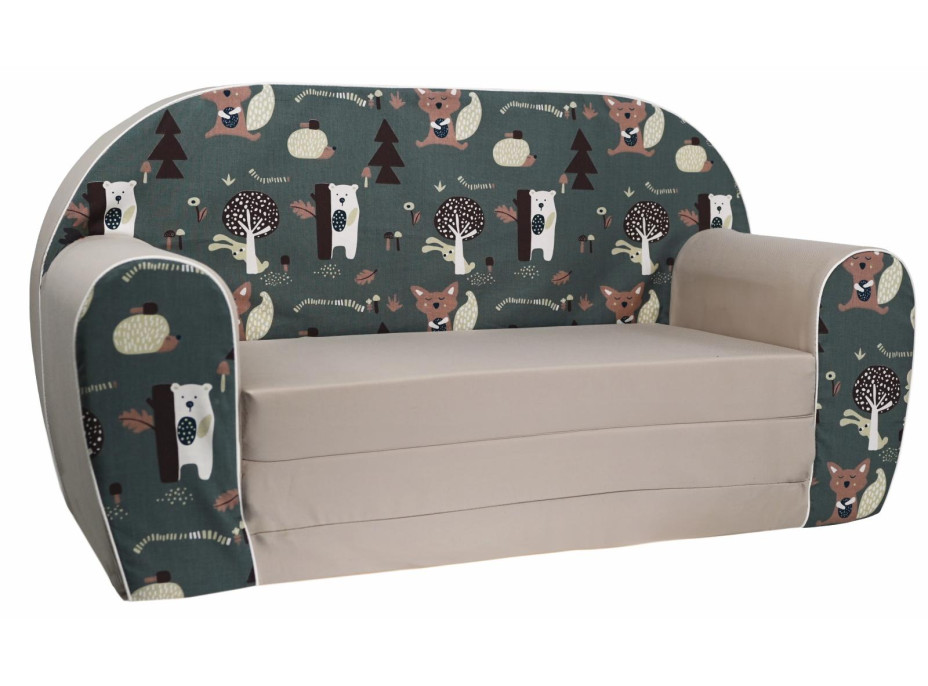 Detská rozkladacia JUNIOR pohovka Lesné zvieratká - tmavo zelená/béžová