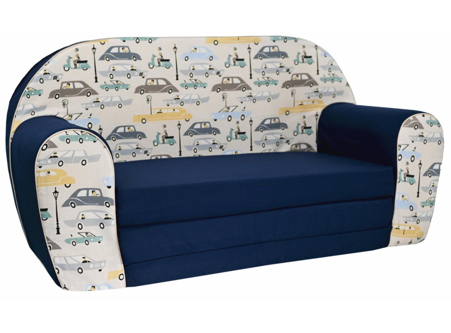Detská rozkladacia JUNIOR pohovka Retro auta - tmavo modrá/krémová