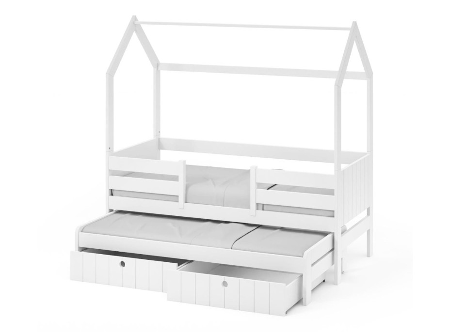 Detská domčeková posteľ z masívu borovice NOLAN II so šuplíkmi a prístelkou - 180x80 cm - biela