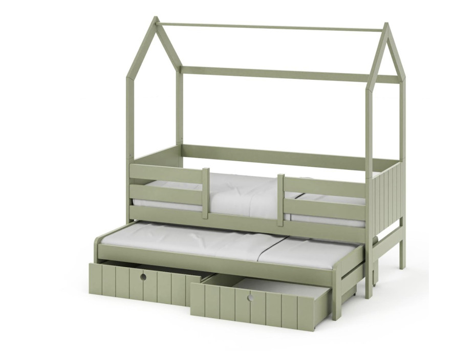 Detská domčeková posteľ z masívu borovice NOLAN II so šuplíkmi a prístelkou - 180x80 cm - olivovo zelená