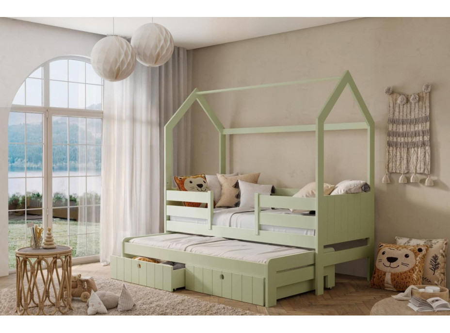 Detská domčeková posteľ z masívu borovice NOLAN II so šuplíkmi a prístelkou - 180x80 cm - olivovo zelená