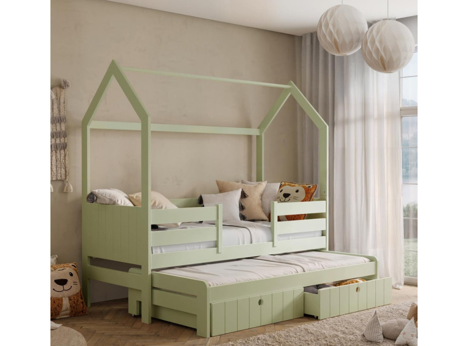 Detská domčeková posteľ z masívu borovice NOLAN II so šuplíkmi a prístelkou - 200x90 cm - olivovo zelená