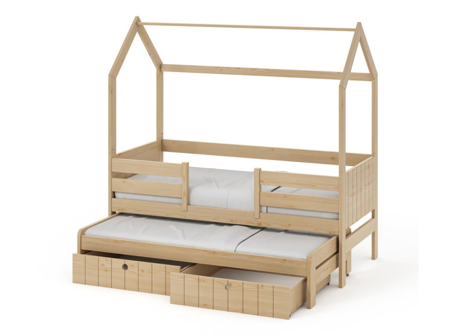 Detská domčeková posteľ z masívu borovice NOLAN II so šuplíkmi a prístelkou - 200x90 cm - prírodná borovica
