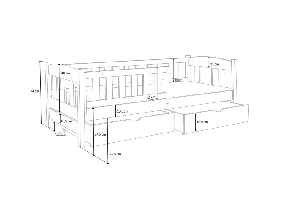 Detská posteľ z masívu borovice BEN so šuplíkmi - 200x80 cm - ŠEDÁ