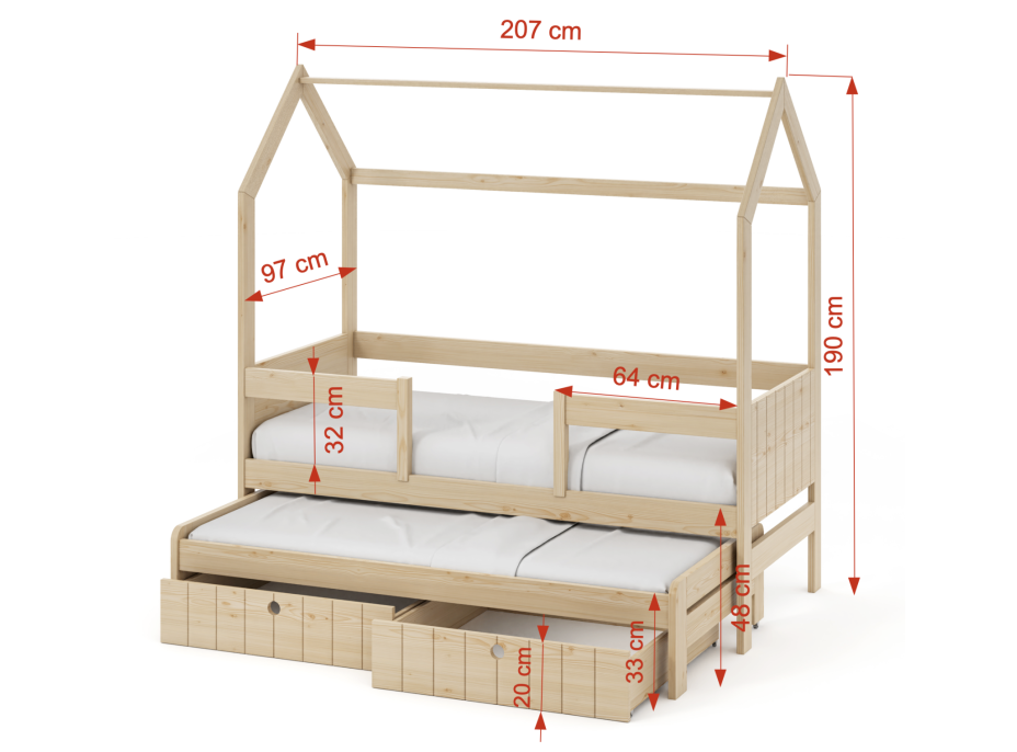 Detská domčeková posteľ z masívu borovice NOLAN II so šuplíkmi a prístelkou - 200x90 cm - olivovo zelená
