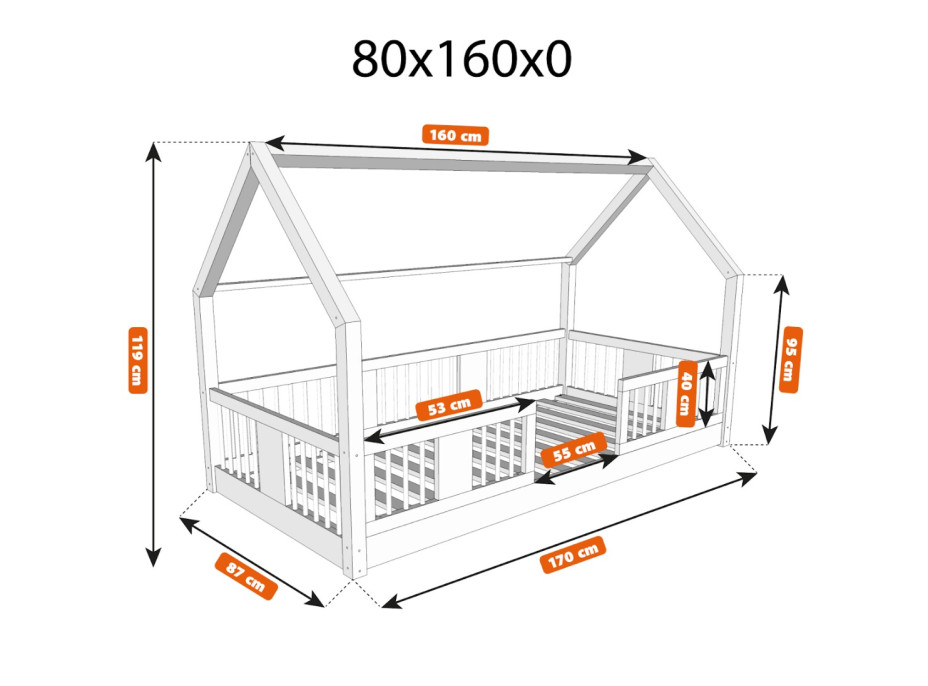 Detská domčeková Montessori posteľ z masívu borovice LUNA L - 160x80 cm
