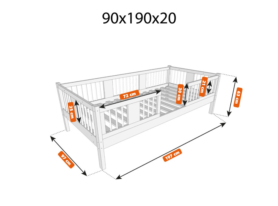 Detská posteľ z masívu borovice LUNA 20 - 190x90 cm