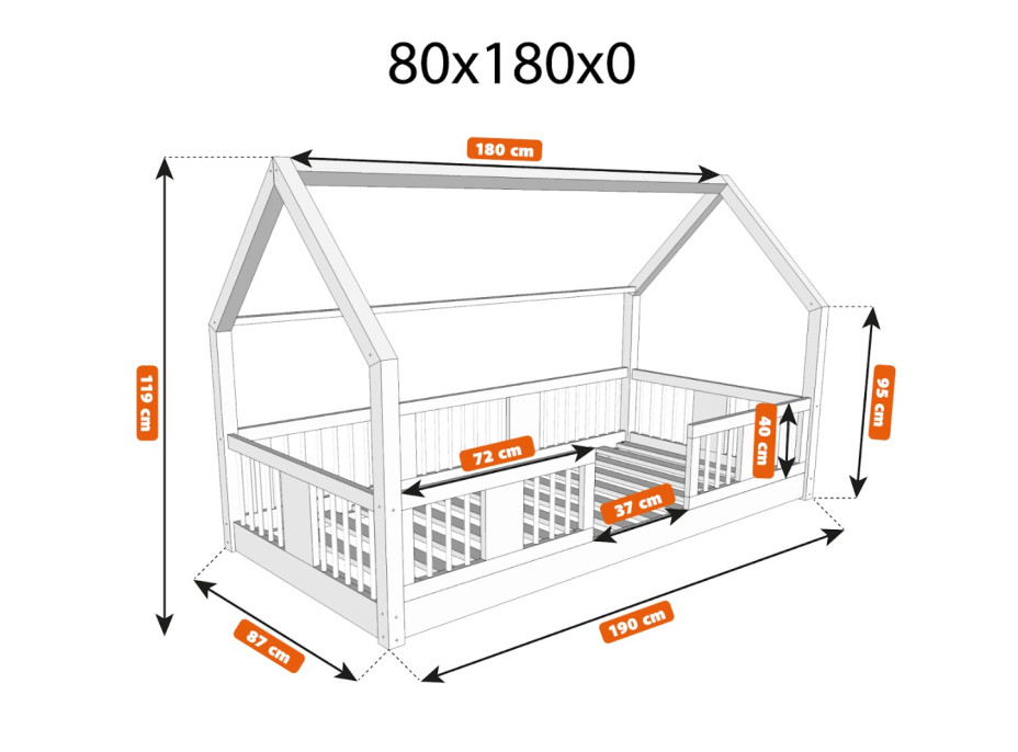 Detská domčeková Montessori posteľ z masívu borovice LUNA L - 180x80 cm