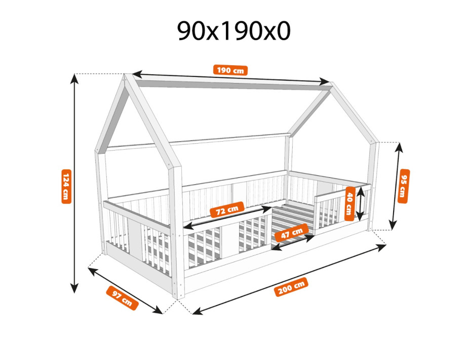 Detská domčeková Montessori posteľ z masívu borovice LUNA L - 190x90 cm