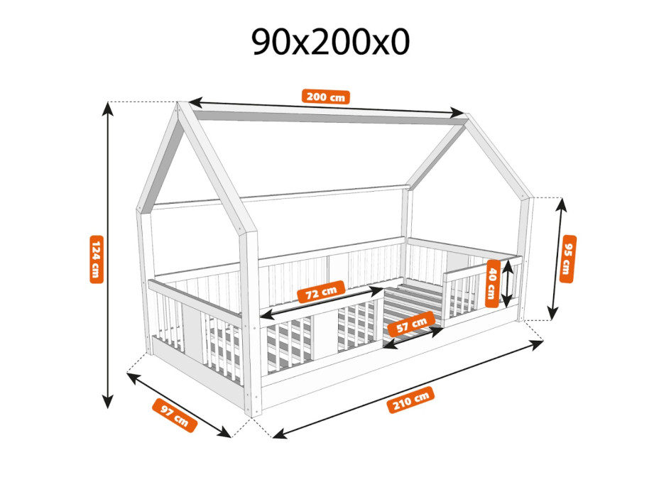 Detská domčeková Montessori posteľ z masívu borovice LUNA L - 200x90 cm