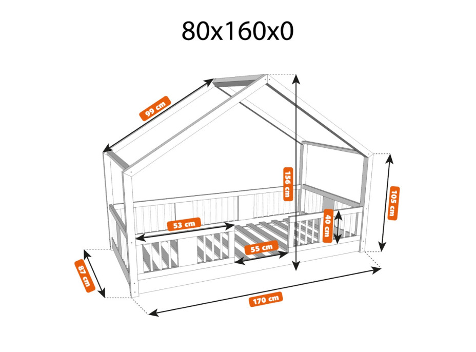 Detská domčeková Montessori posteľ z masívu borovice LUNA S - 160x80 cm