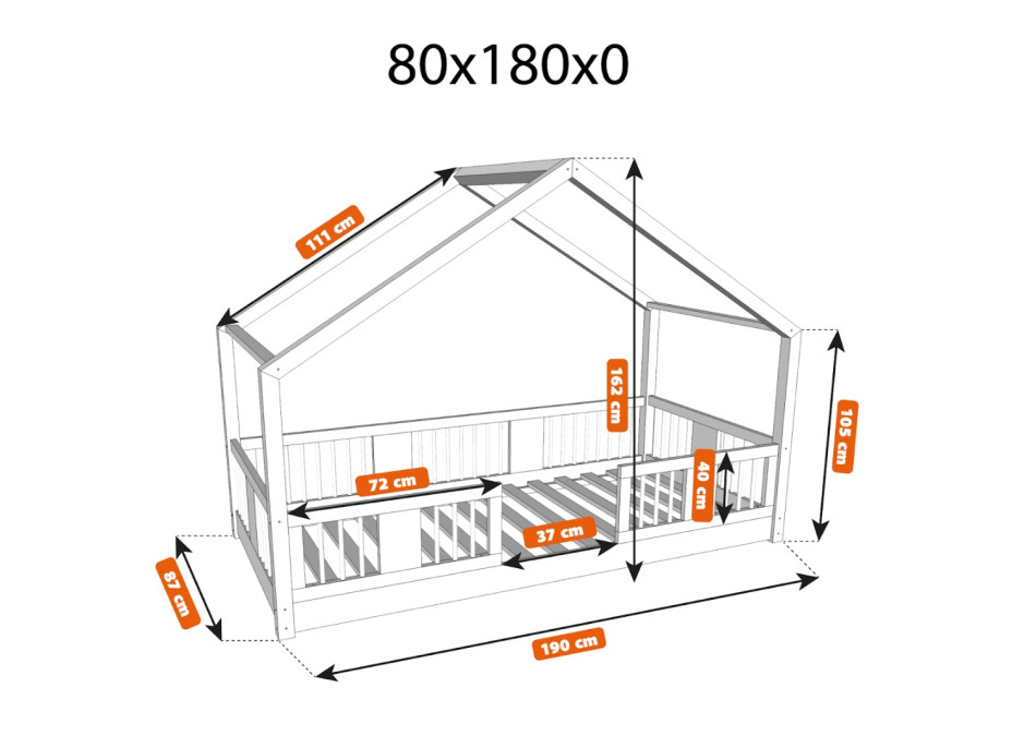 Detská domčeková Montessori posteľ z masívu borovice LUNA S - 180x80 cm