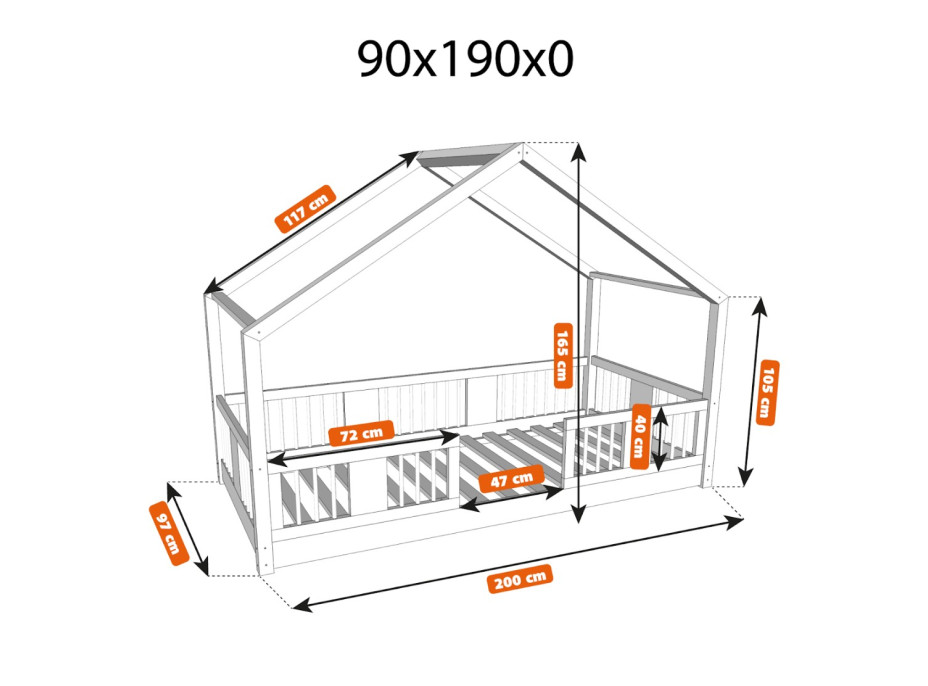 Detská domčeková Montessori posteľ z masívu borovice LUNA S - 190x90 cm