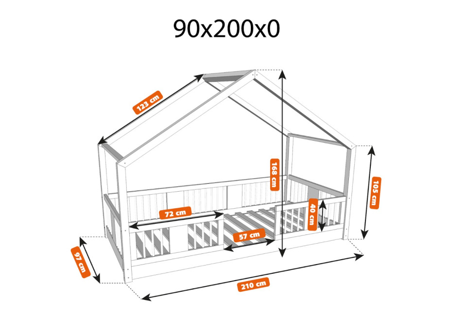 Detská domčeková Montessori posteľ z masívu borovice LUNA S - 200x90 cm