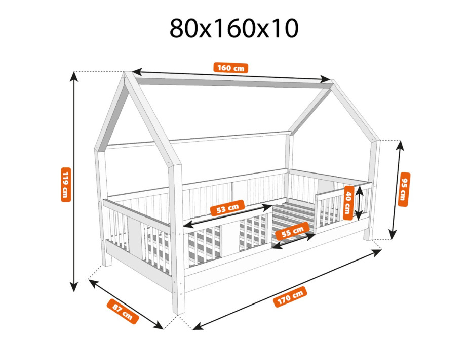 Detská domčeková posteľ z masívu borovice LUNA L 10 - 160x80 cm