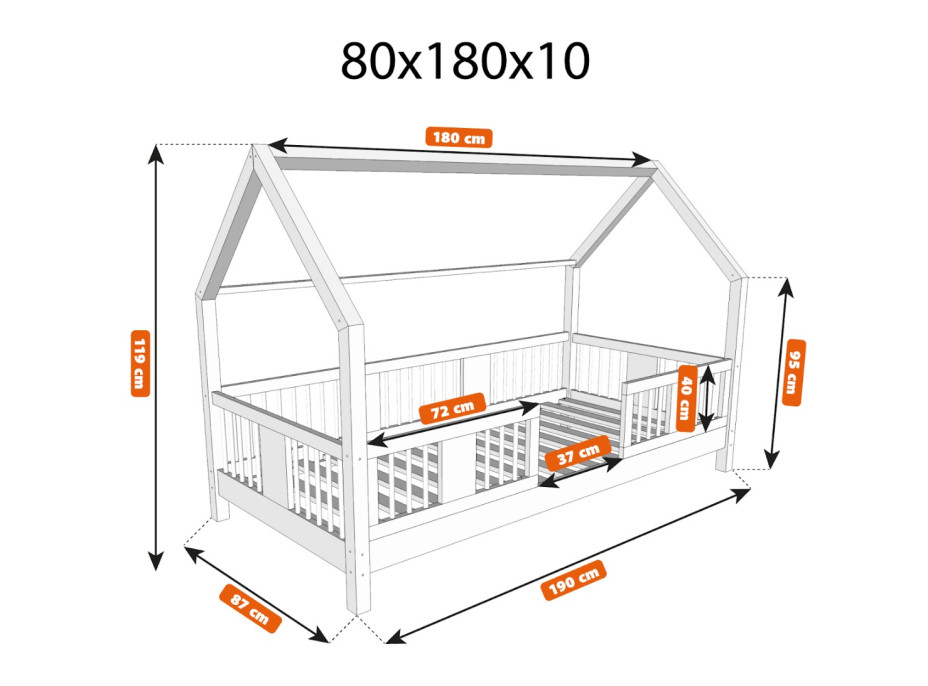 Detská domčeková posteľ z masívu borovice LUNA L 10 - 180x80 cm