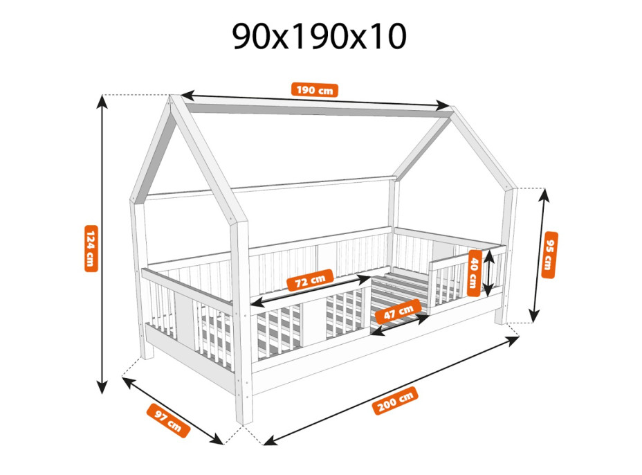 Detská domčeková posteľ z masívu borovice LUNA L 10 - 190x90 cm