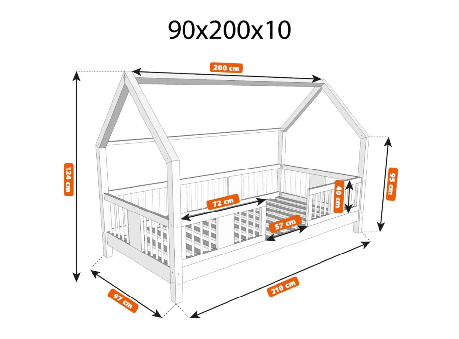 Detská domčeková posteľ z masívu borovice LUNA L 10 - 200x90 cm