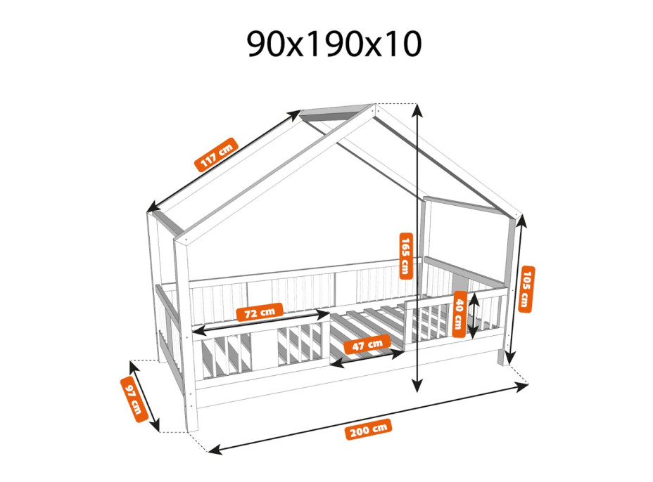 Detská domčeková posteľ z masívu borovice LUNA S 10 - 190x90 cm