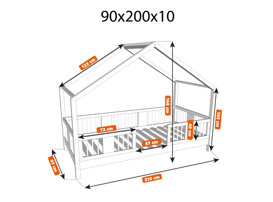 Detská domčeková posteľ z masívu borovice LUNA S 10 - 200x90 cm