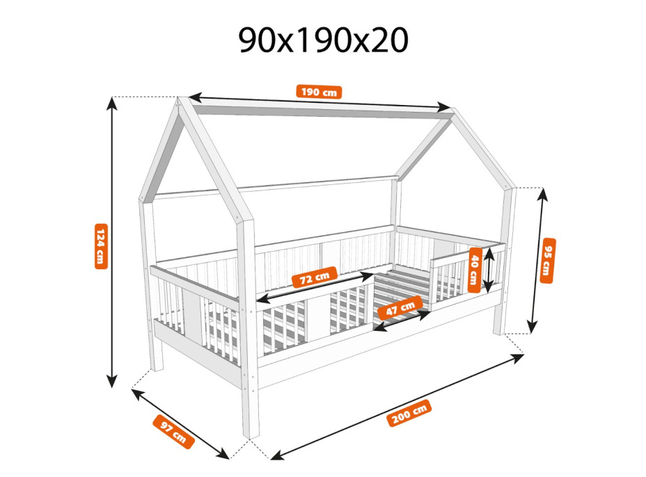 Detská domčeková posteľ z masívu borovice LUNA L 20 - 190x90 cm