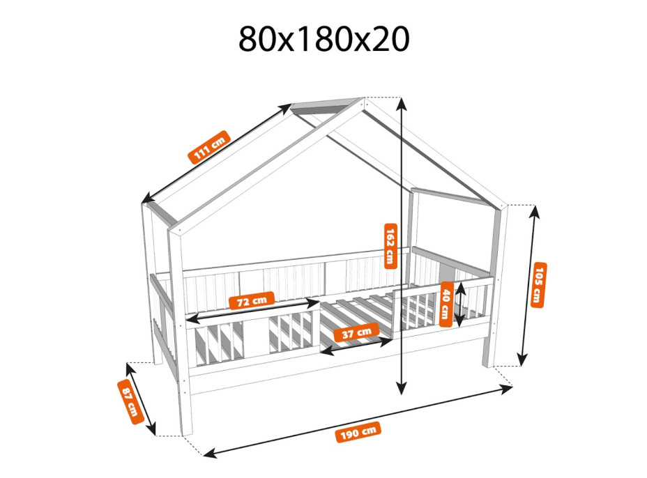 Detská domčeková posteľ z masívu borovice LUNA S 20 - 180x80 cm