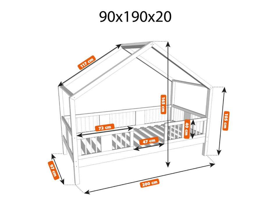 Detská domčeková posteľ z masívu borovice LUNA S 20 - 190x90 cm
