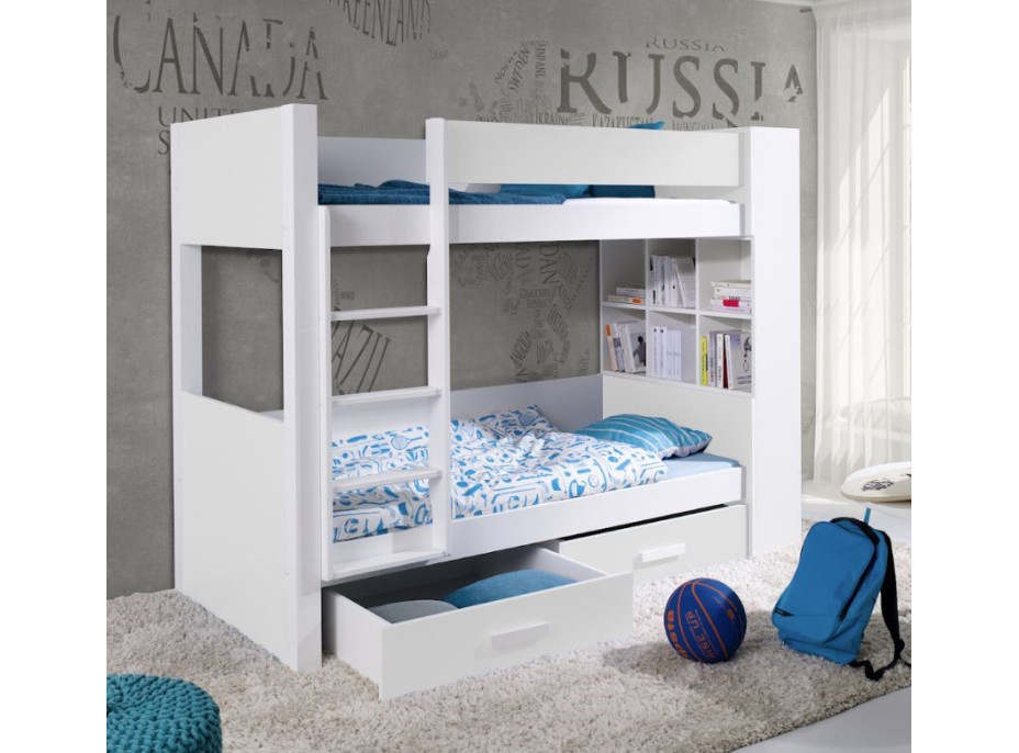 Detská poschodová posteľ z masívu borovice GASPAR so šuplíkmi a regálom - 200x80 cm - biela
