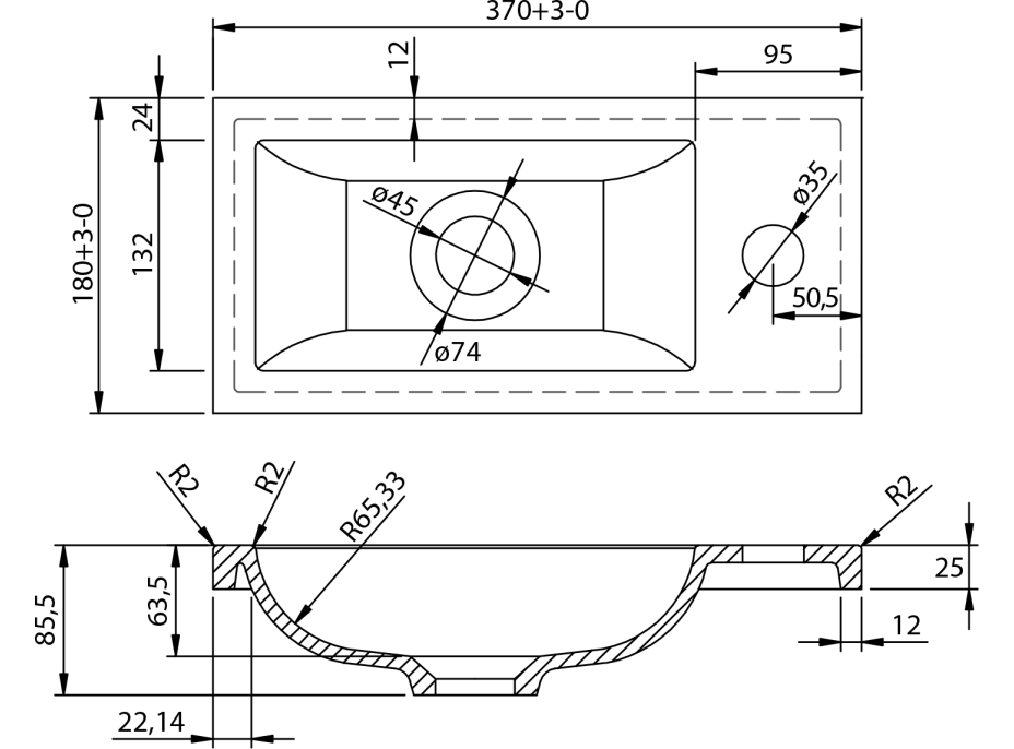 Aqualine Umývadlo nábytkové, liaty mramor, 37x18cm, biela LM370