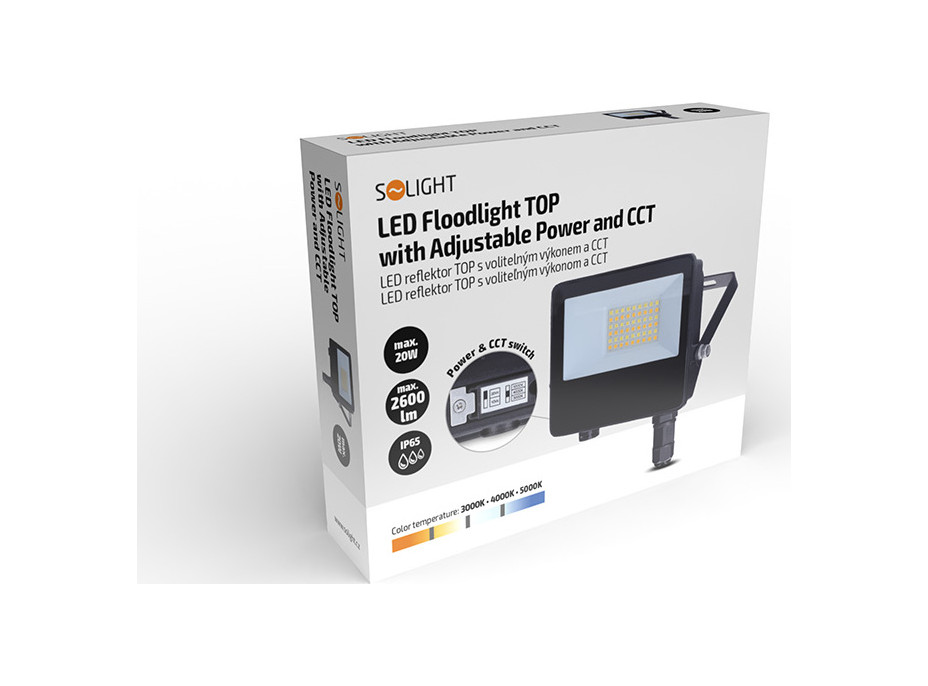 Solight LED reflektor TOP, 20W, max. 2600lm, 3CCT, voliteľný výkon 100/50%, IP65, rýchlokonektor