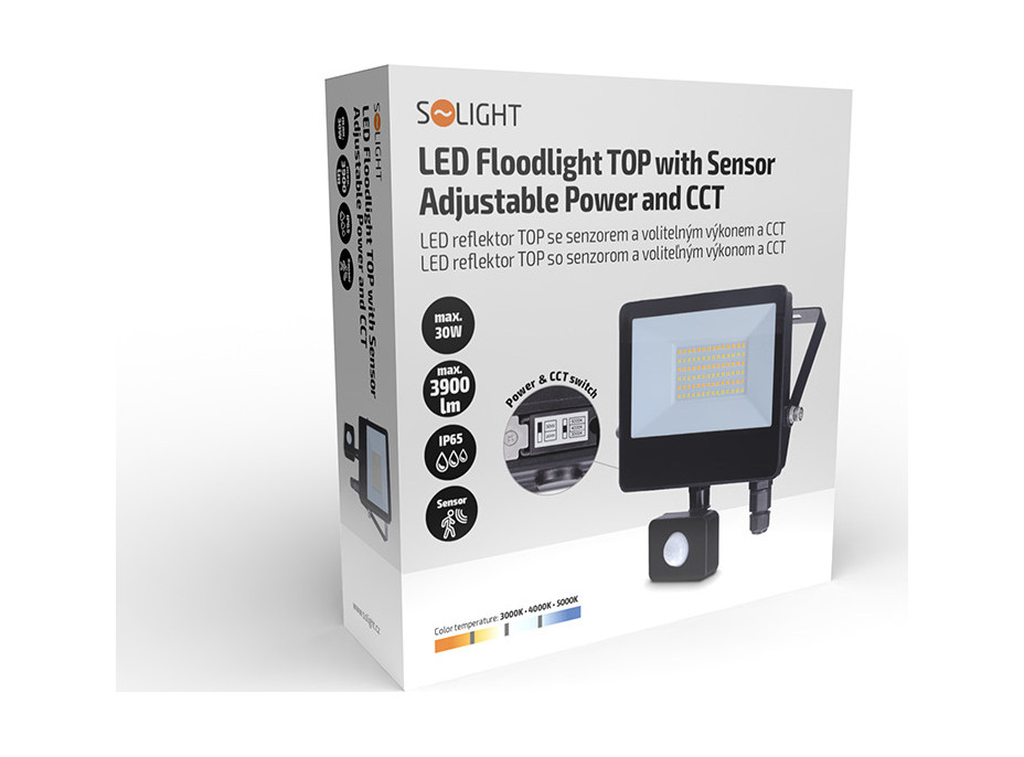 Solight LED reflektor so senzorom TOP, 30W, max. 3900lm, 3CCT, voliteľný výkon 100/66%, IP65, rýchlospojka