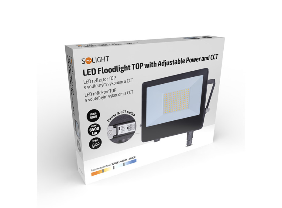 Solight LED reflektor TOP, 50W, max. 6500lm, 3CCT, voliteľný výkon 100/60%, IP65, rýchlokonektor