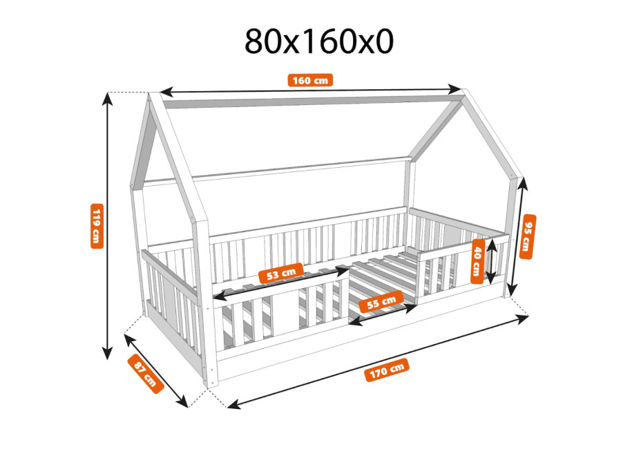 Detská domčeková Montessori posteľ z masívu borovice NIKO L - 160x80 cm