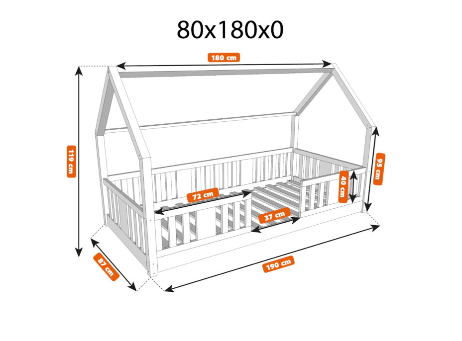 Detská domčeková Montessori posteľ z masívu borovice NIKO L - 180x80 cm