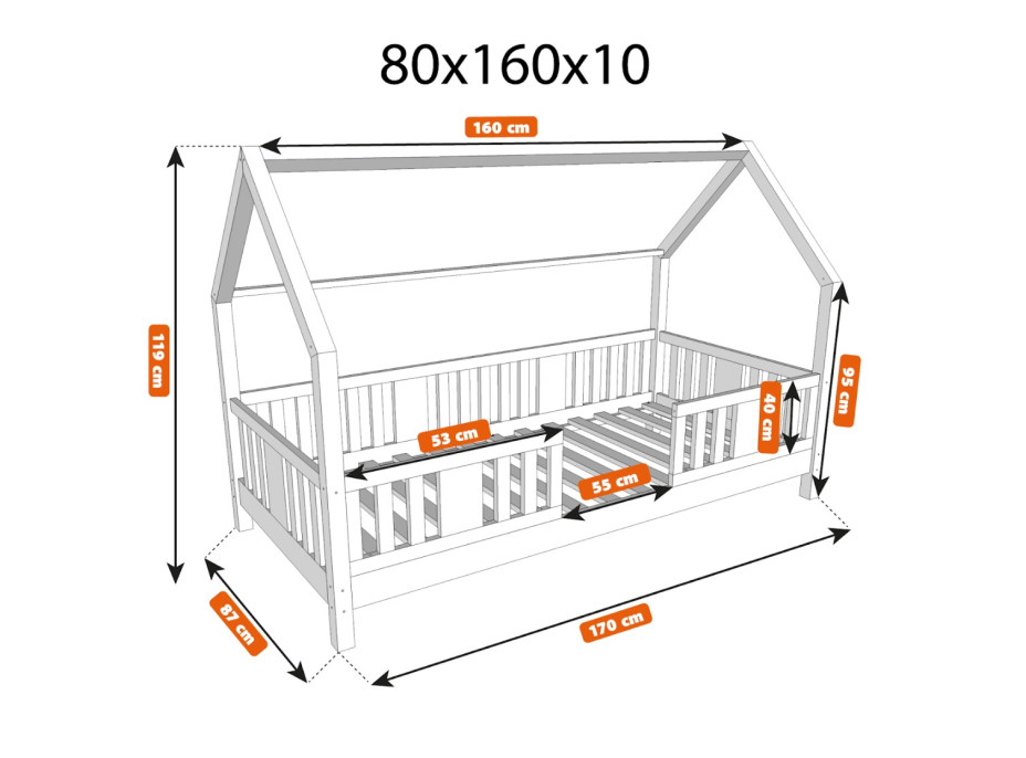 Detská domčeková posteľ z masívu borovice NIKO L 10 - 160x80 cm