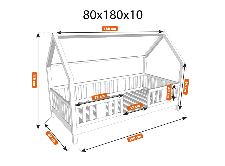 Detská domčeková posteľ z masívu borovice NIKO L 10 - 180x80 cm