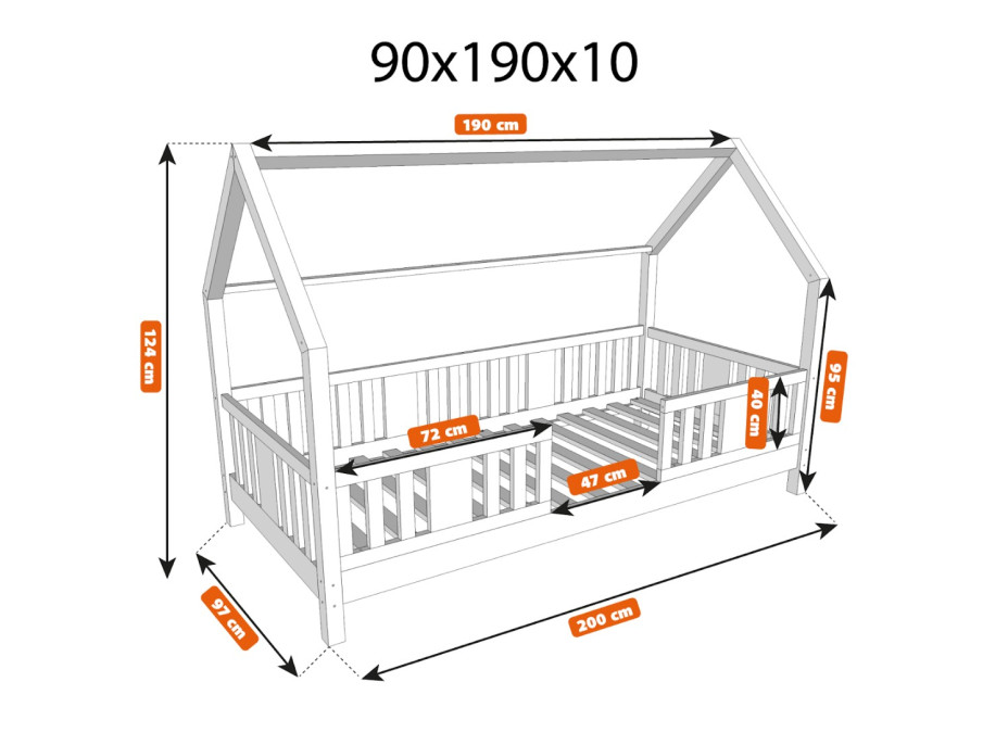 Detská domčeková posteľ z masívu borovice NIKO L 10 - 190x90 cm