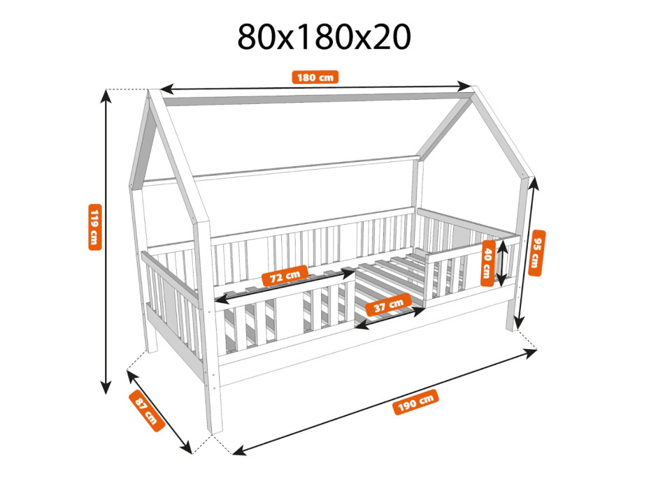 Detská domčeková posteľ z masívu borovice NIKO L 20 - 180x80 cm