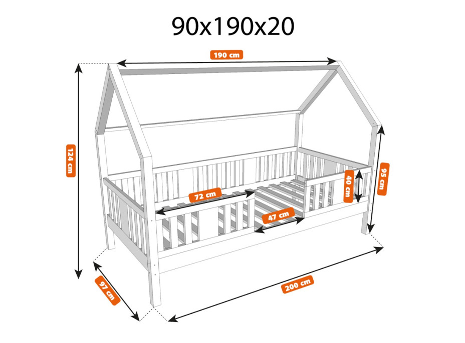Detská domčeková posteľ z masívu borovice NIKO L 20 - 190x90 cm