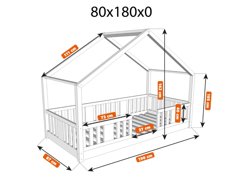 Detská domčeková Montessori posteľ z masívu borovice NIKO S - 180x80 cm