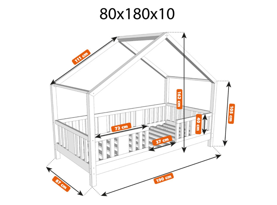 Detská domčeková posteľ z masívu borovice NIKO S 10 - 180x80 cm
